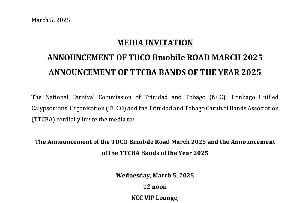 Media Invitation – Announcement of TUCO Road March 2025 and TTCBA Bands of the Year 2025